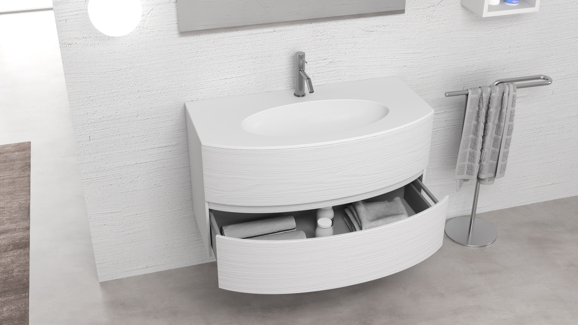 Mobile bagno sospeso moderno 100 cm curvo frassino bianco con lavabo  ceramica e specchio Mod. Berlino, Arcshop